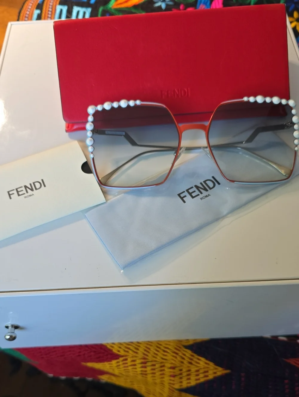 Fendi Red Frame Sunglasses with Pearl Accent